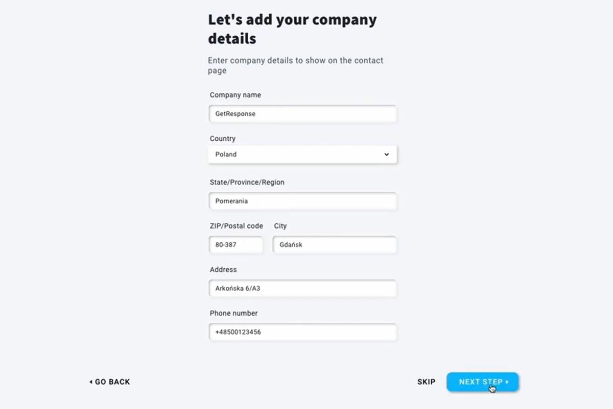 GetResponse's website builder section for adding company's details